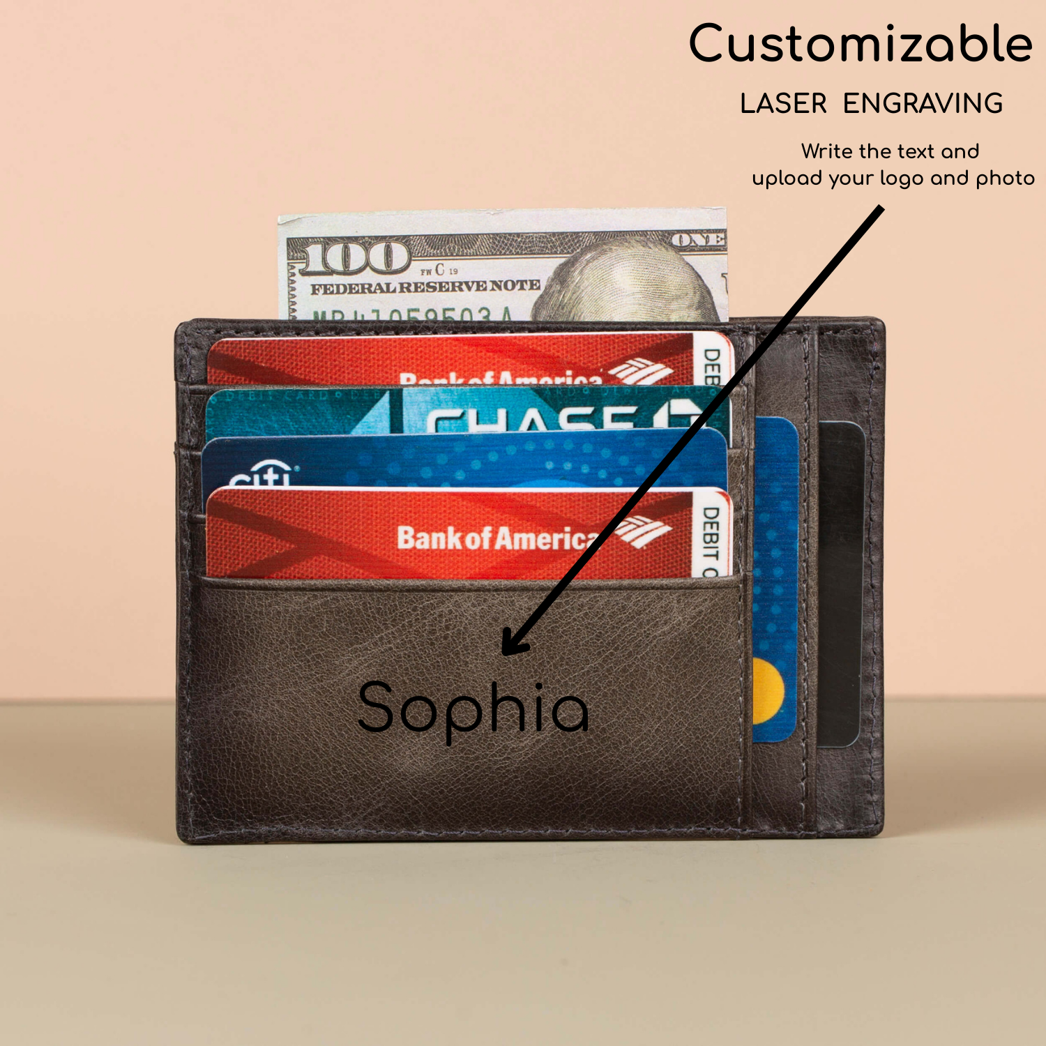 Vibrant Leather Card Holder with Zipper Pocket - Gray - Concord