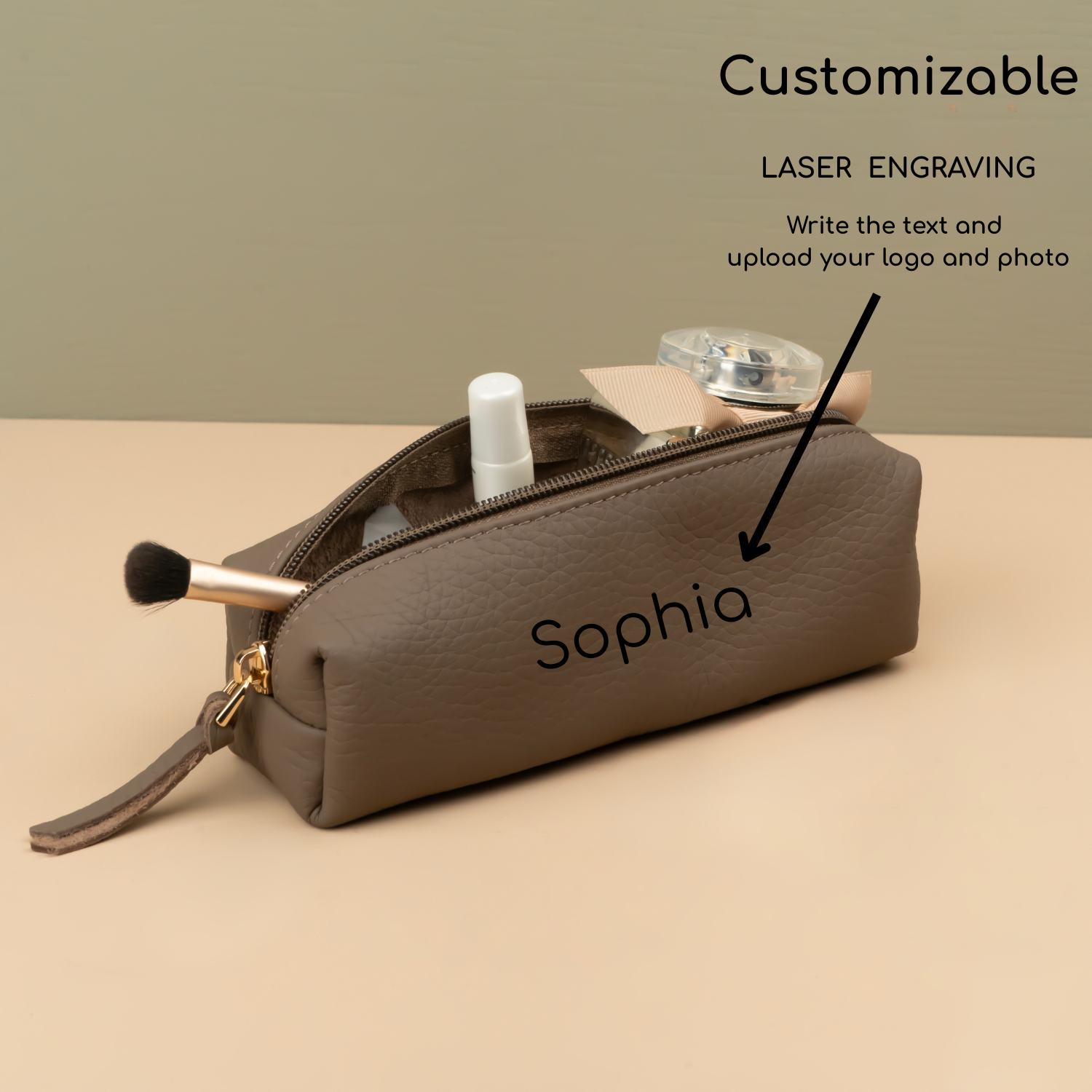 Elegant Leather Makeup Bag - Cream - Aurora
