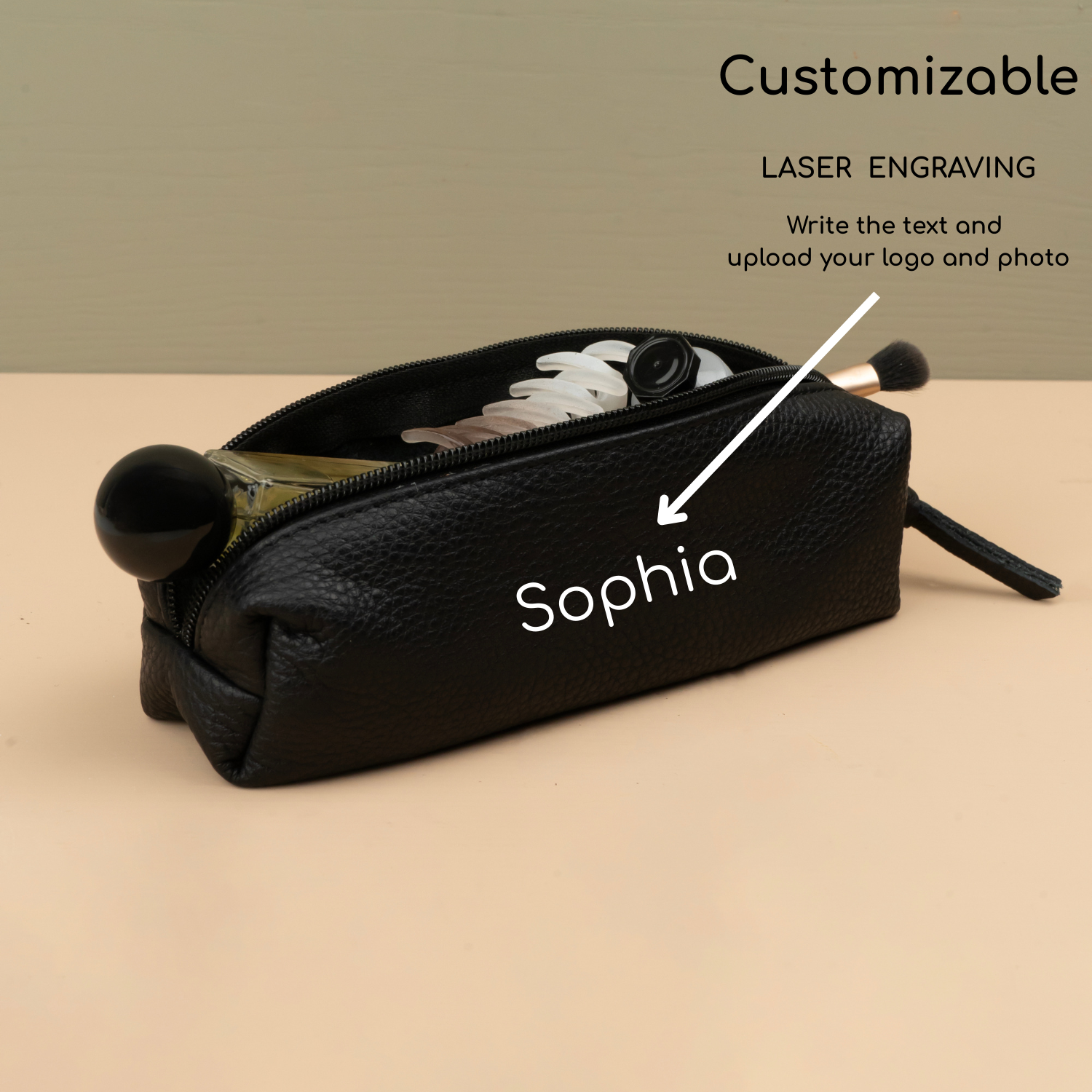 Elegant Leather Makeup Bag - Black - Aurora