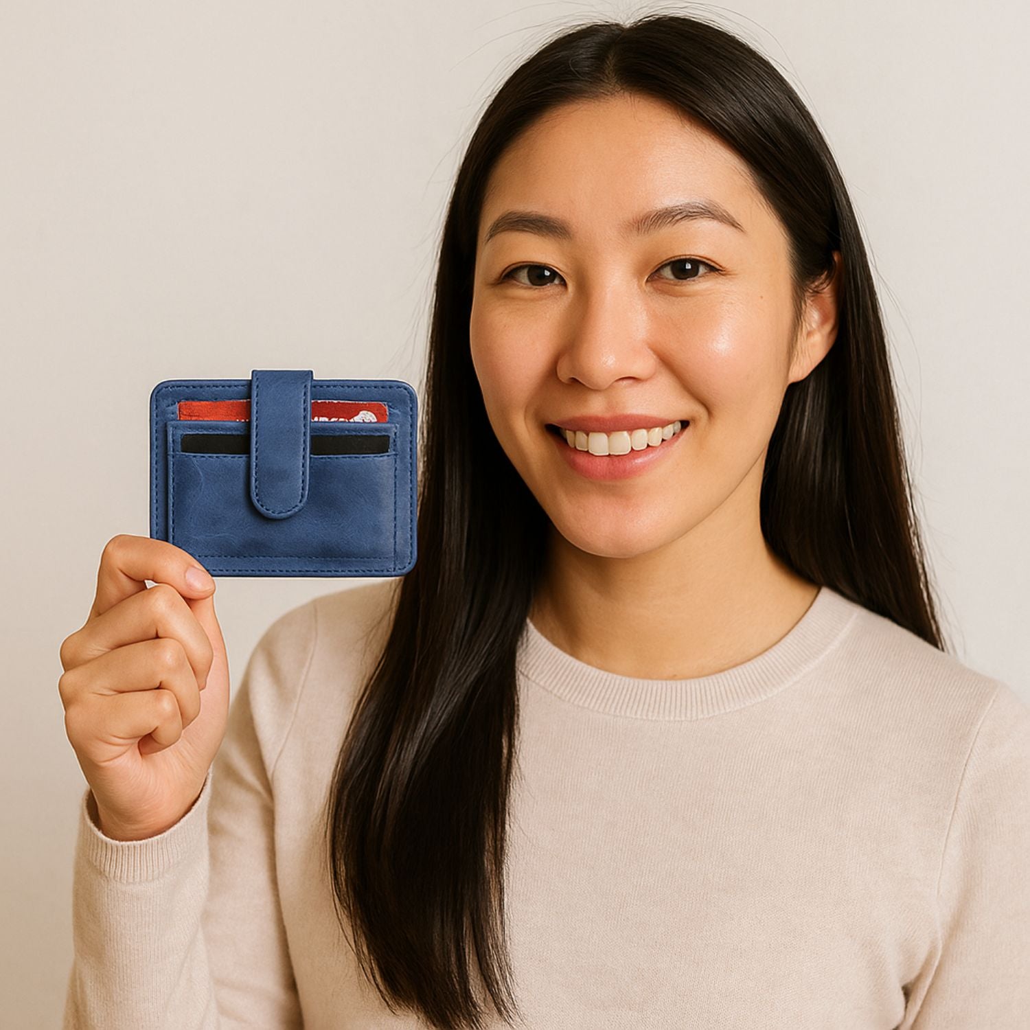 Leather Card Holder Wallet with ID Window - Blue - Miami