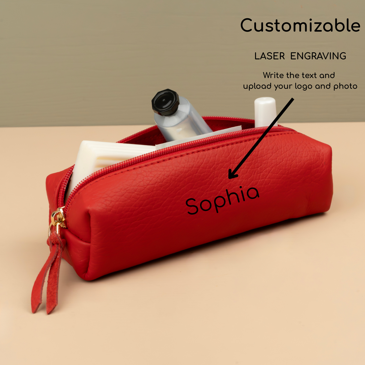 Elegant Leather Makeup Bag - Red - Aurora