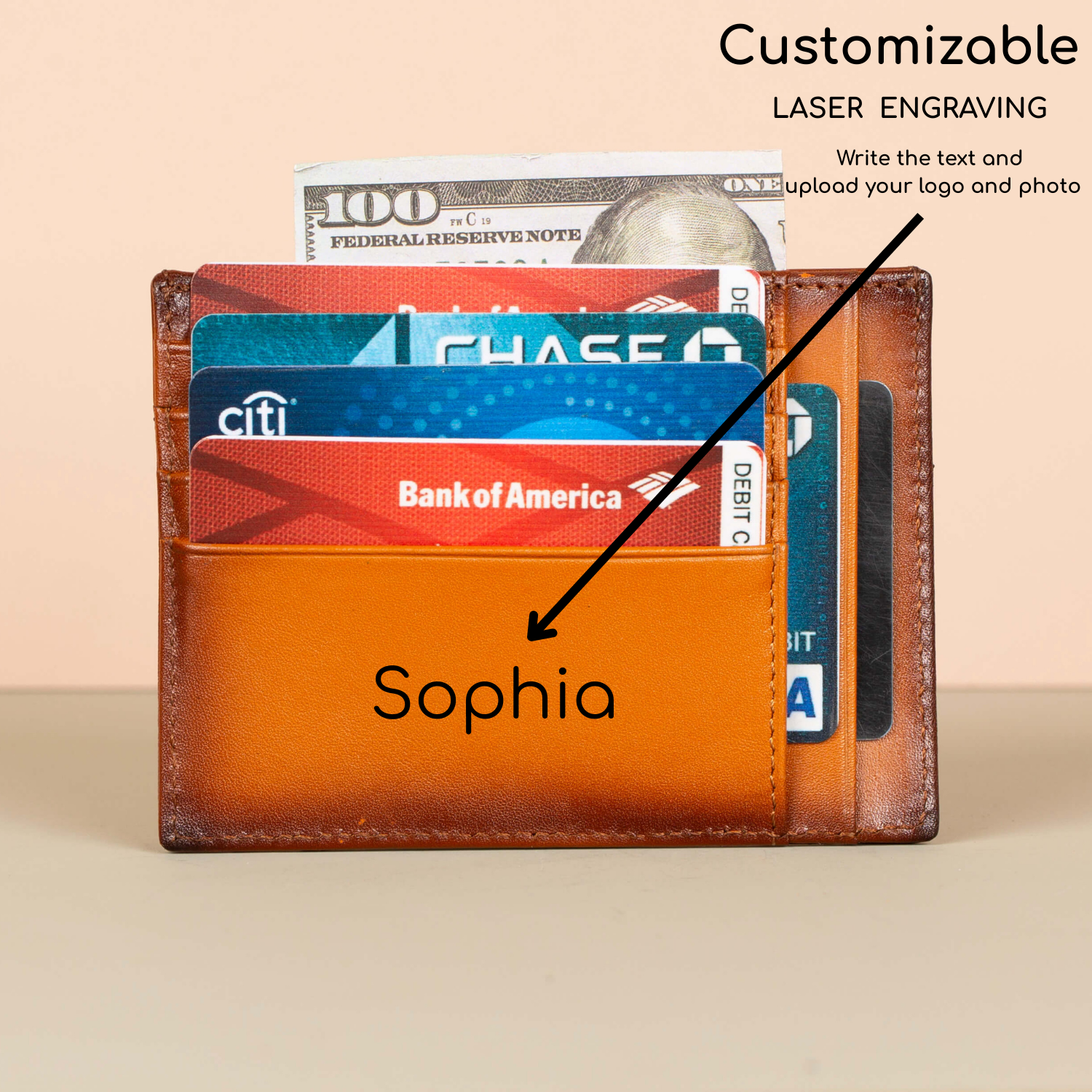 Vibrant Leather Card Holder with Zipper Pocket - Caramel Brown - Concord