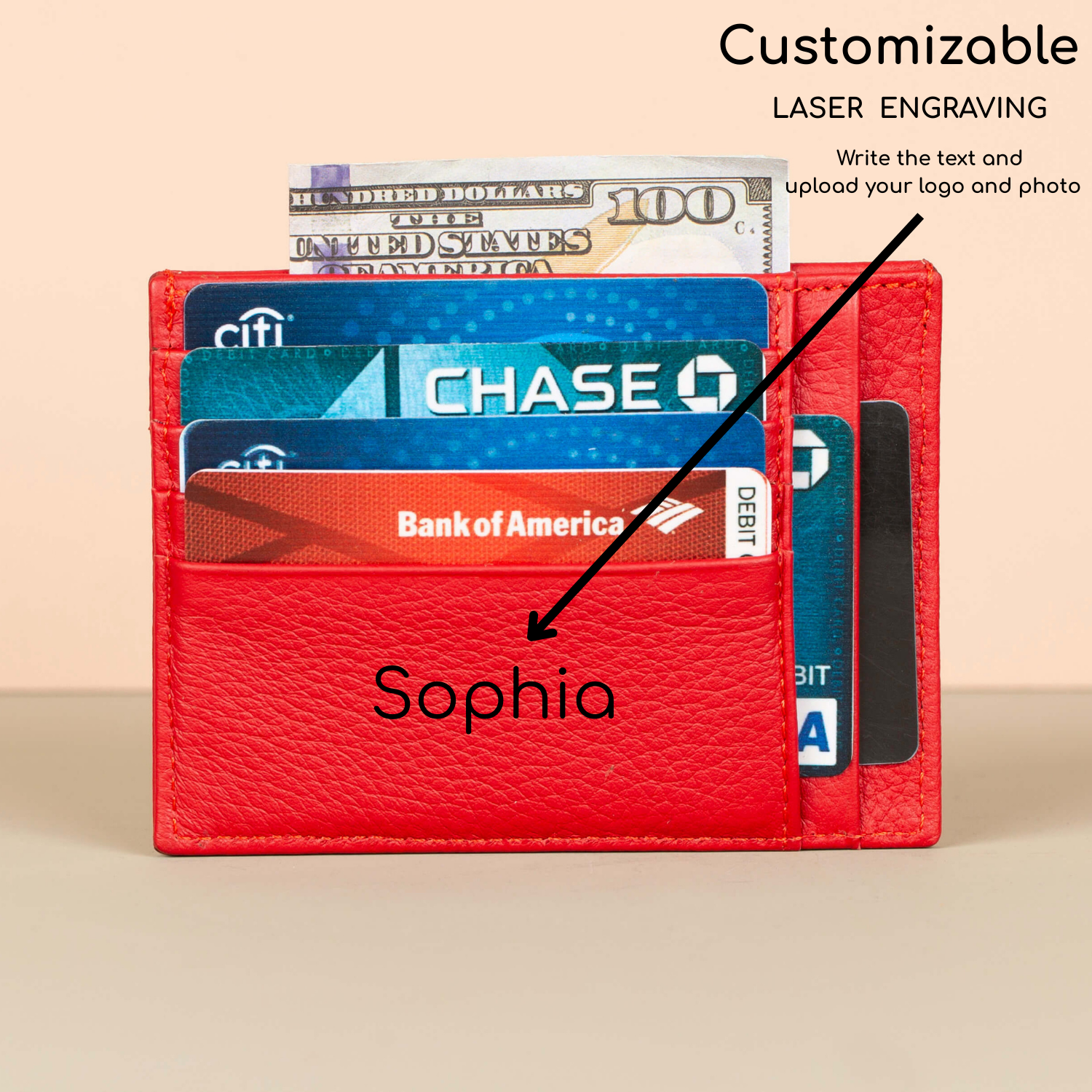 Vibrant Leather Card Holder with Zipper Pocket - Red - Concord