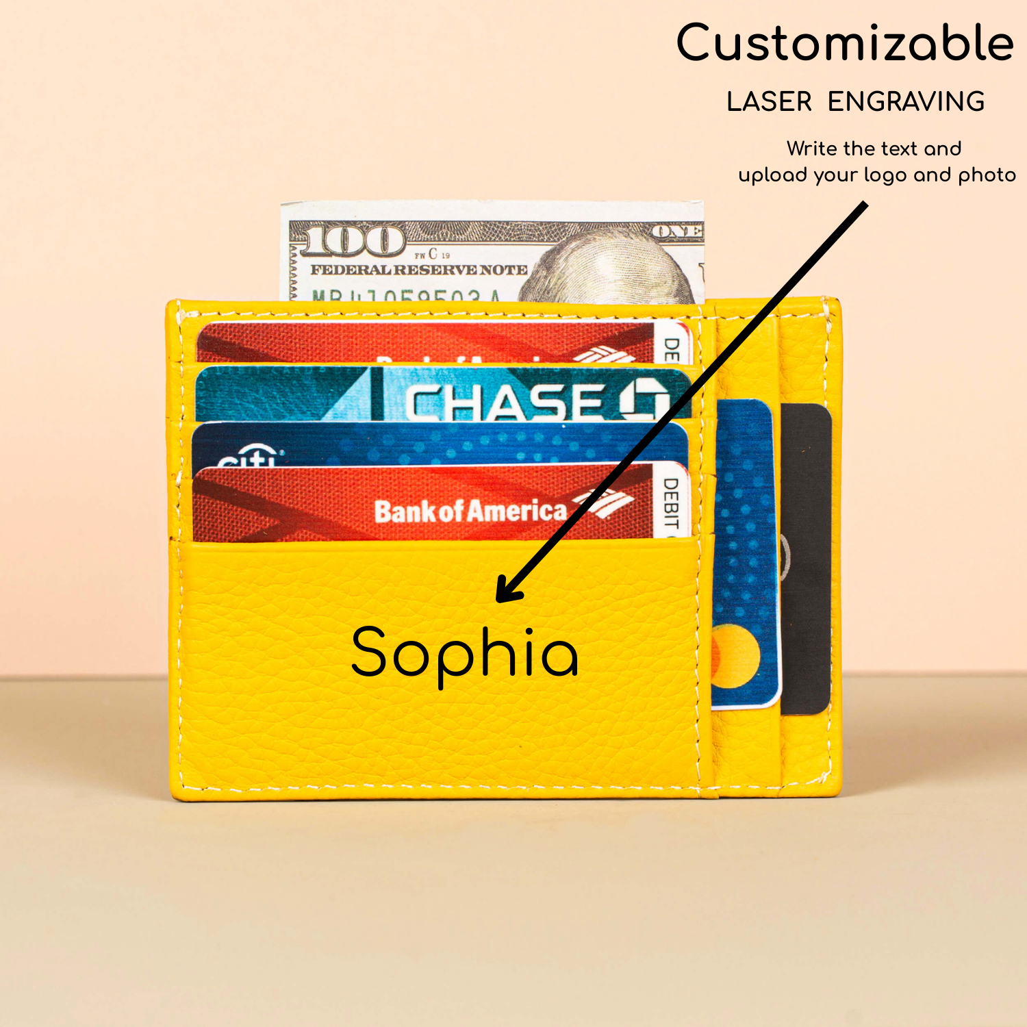 Vibrant Leather Card Holder with Zipper Pocket - Yellow - Concord